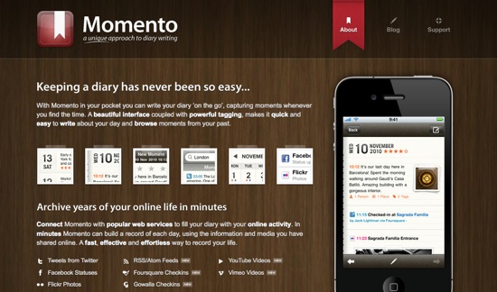 Screenshot of the Momento iPhone App Website (http://www.momentoapp.com) from 02-15-2011.
